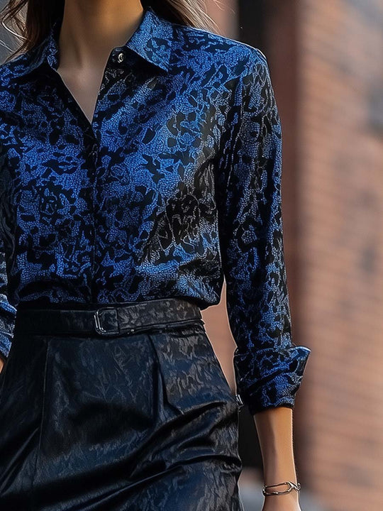 Midnight Blue Elegance: Patterned Shirt