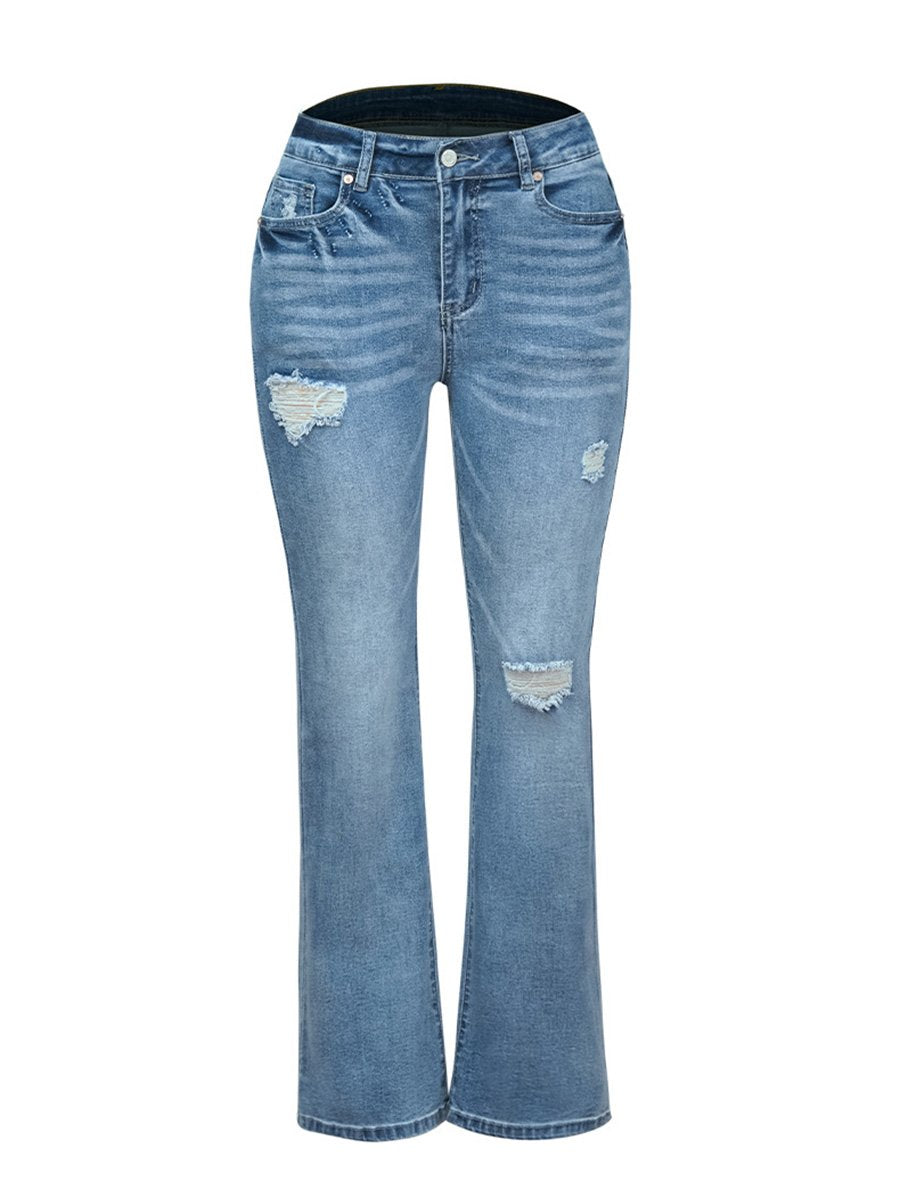 Stretch Washed Ripped Wide-leg Jeans