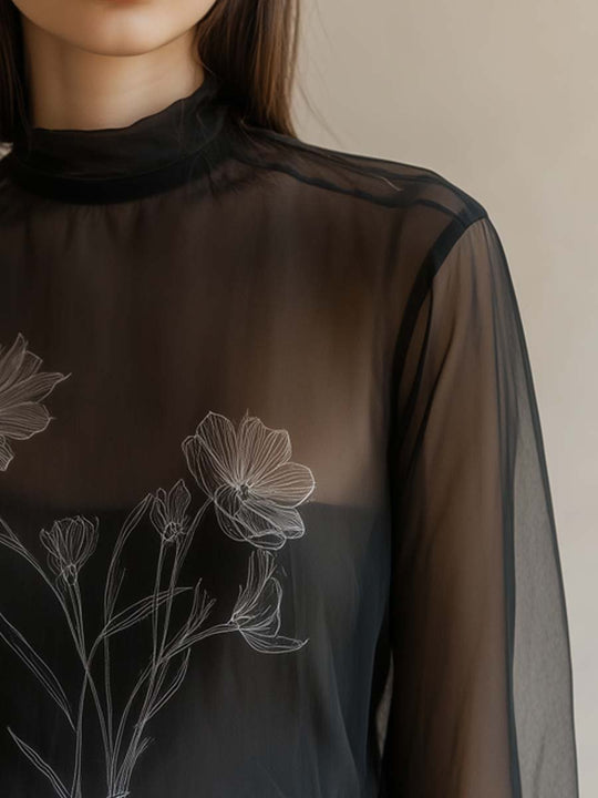 Sheer Black High-Neck Floral Blouse