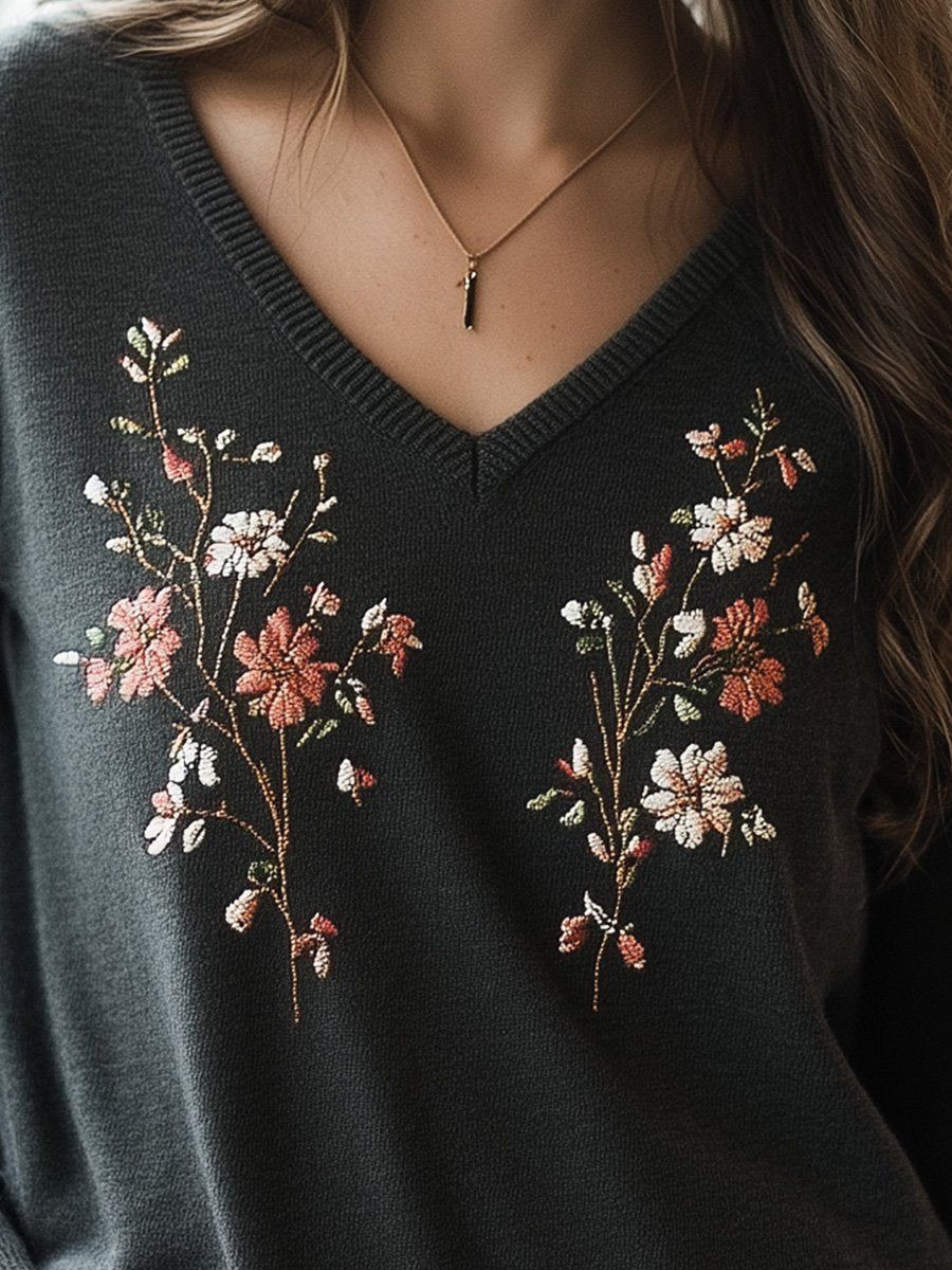 Casual Loose V-Neck Cotton Floral Embroidery Long Sleeve Top