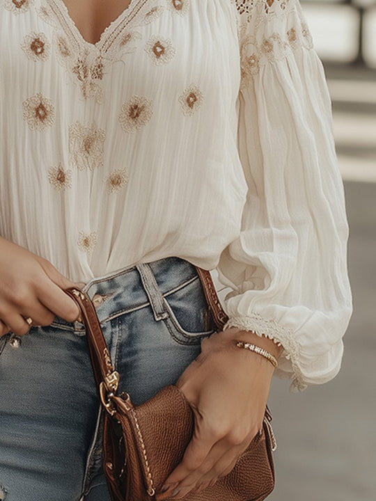 Romantic Embroidered Lace V-Neck Blouse