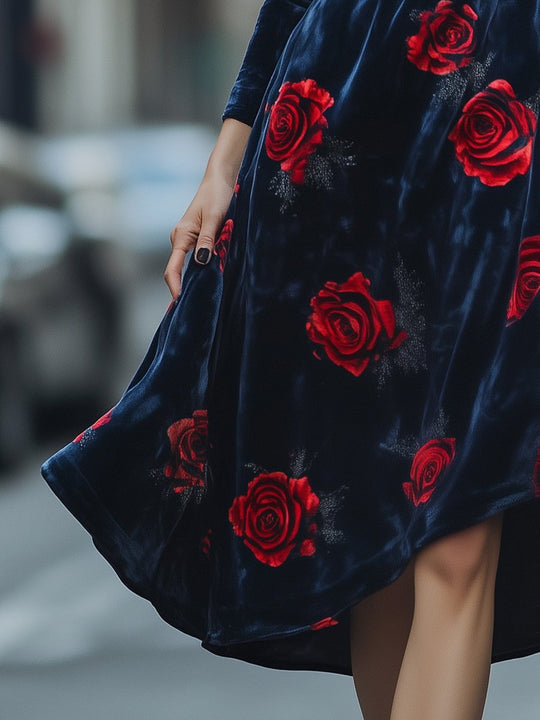 V-neck Vintage Blue Velvet Rose Print Midi Dress with Wide Skirt