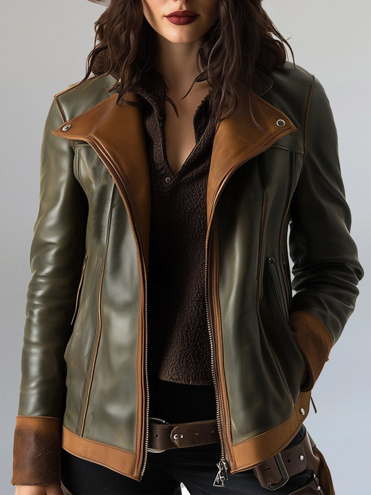 Women's Fashion Retro Colorblock Zipper Leather Jacket