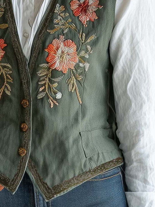 Olive Green Floral Embroidered Button-Up Linen Vest