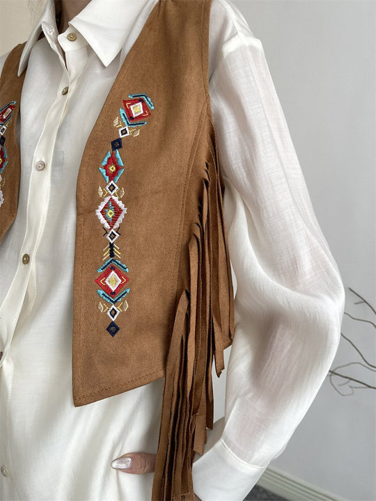 Vintage Embroidered Tassel Cropped Vest