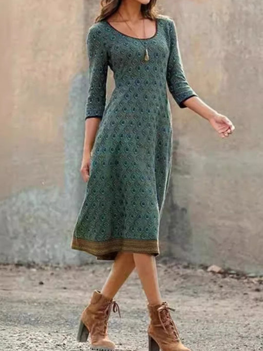 Retro Round Neck Bohemian Style Slim Midi Dress