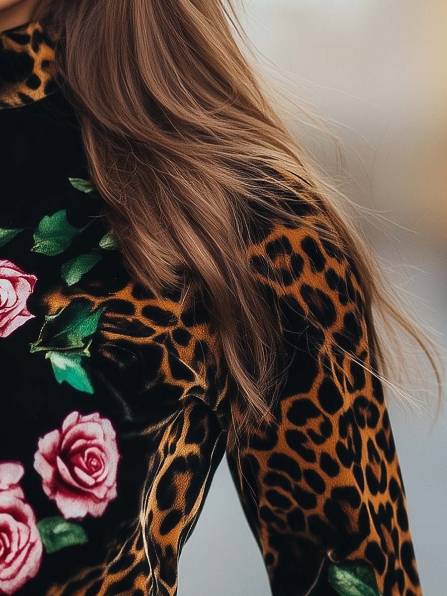 Leopard Floral Print Velvet Blouse