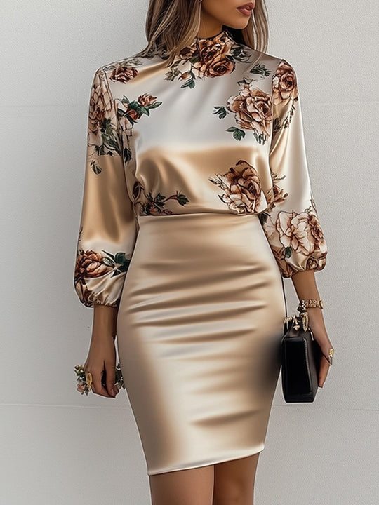 Floral Satin Blouse Sleek Bodycon Skirt