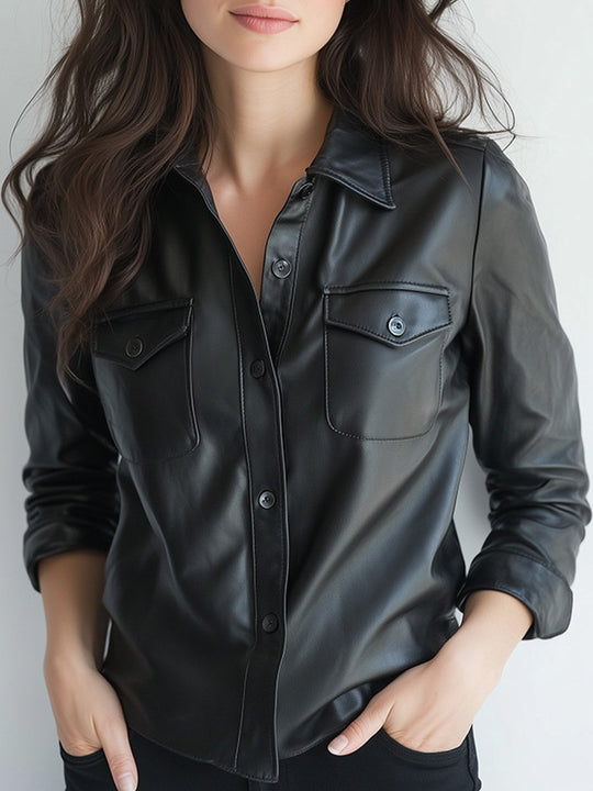 Casual Vintage Button Long Sleeve Leather Shirt