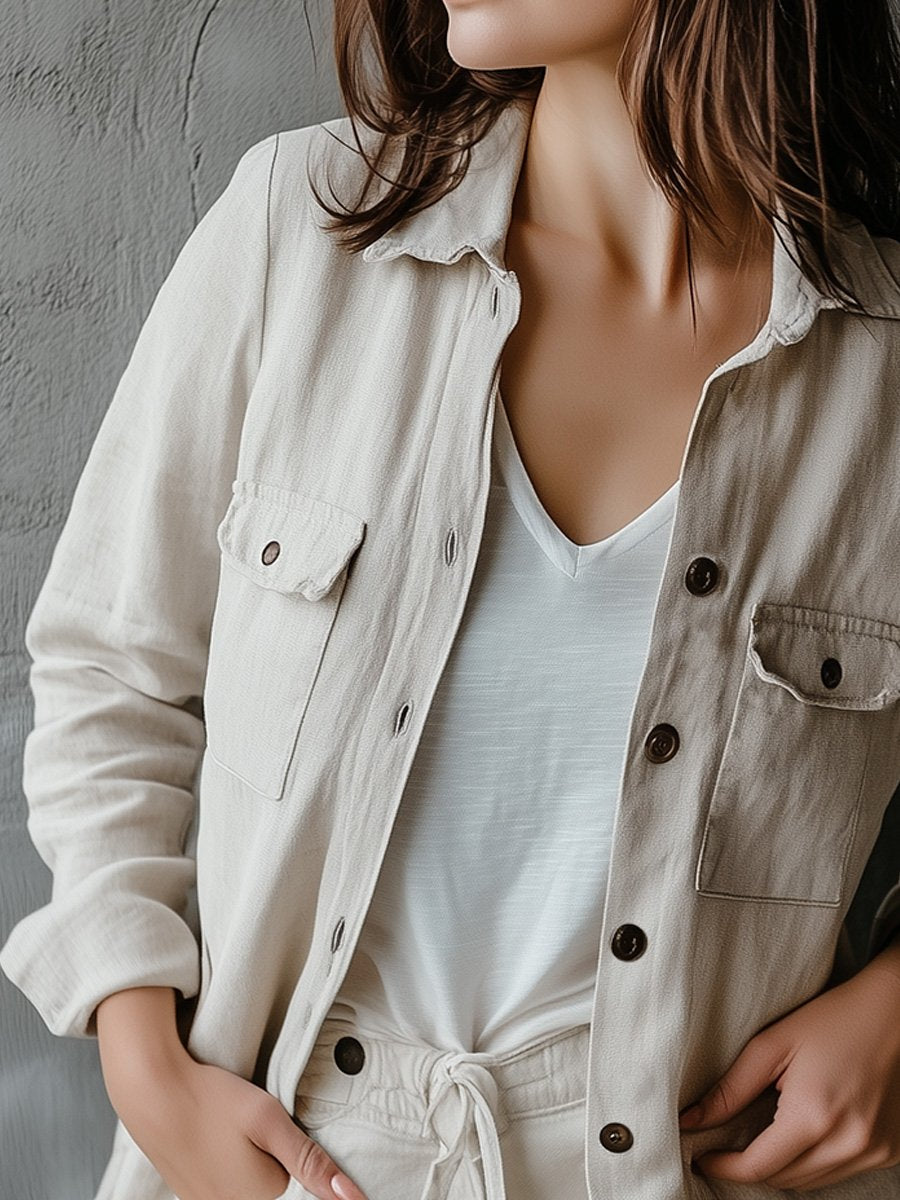 Women's Casual Cotton and Linen Solid Color Lapel Long Sleeve Jacket