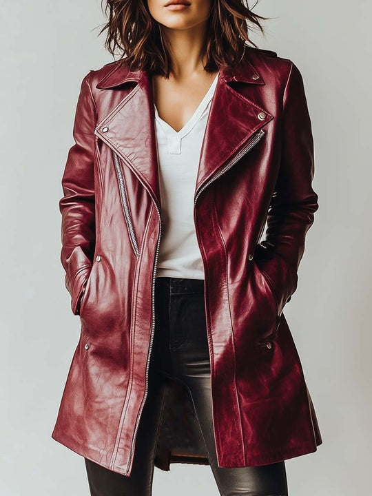 Women's Vintage Burgundy Zipper Leather Coat