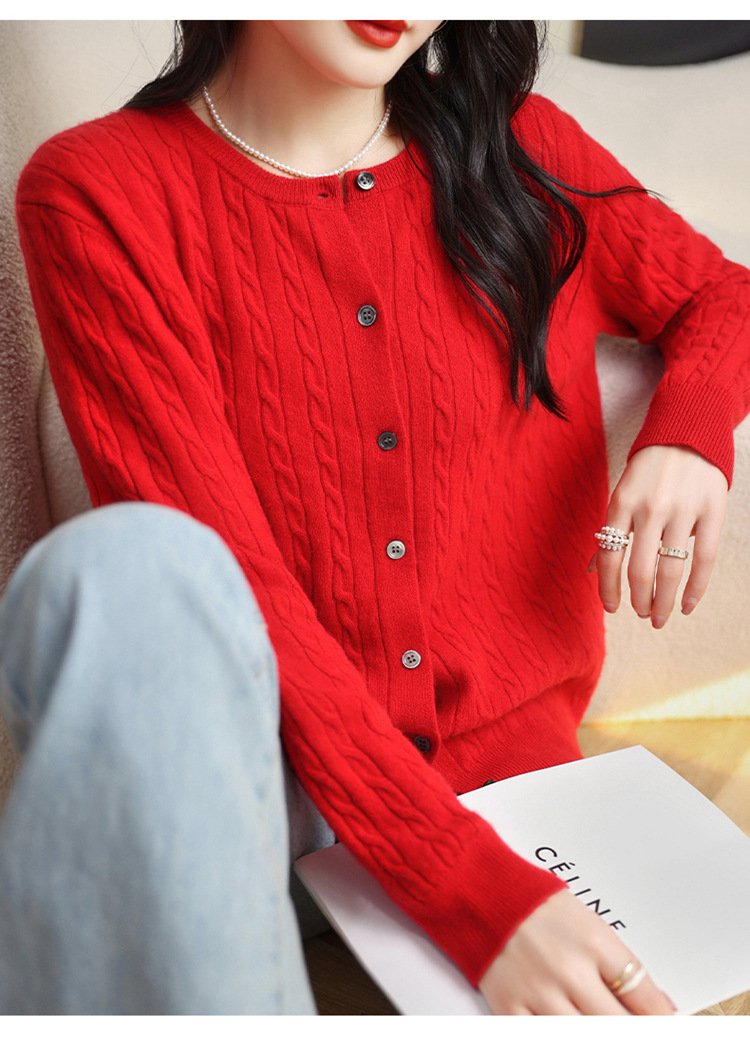 Fashion Round Neck Slim Fit Cable Knit Cardigan