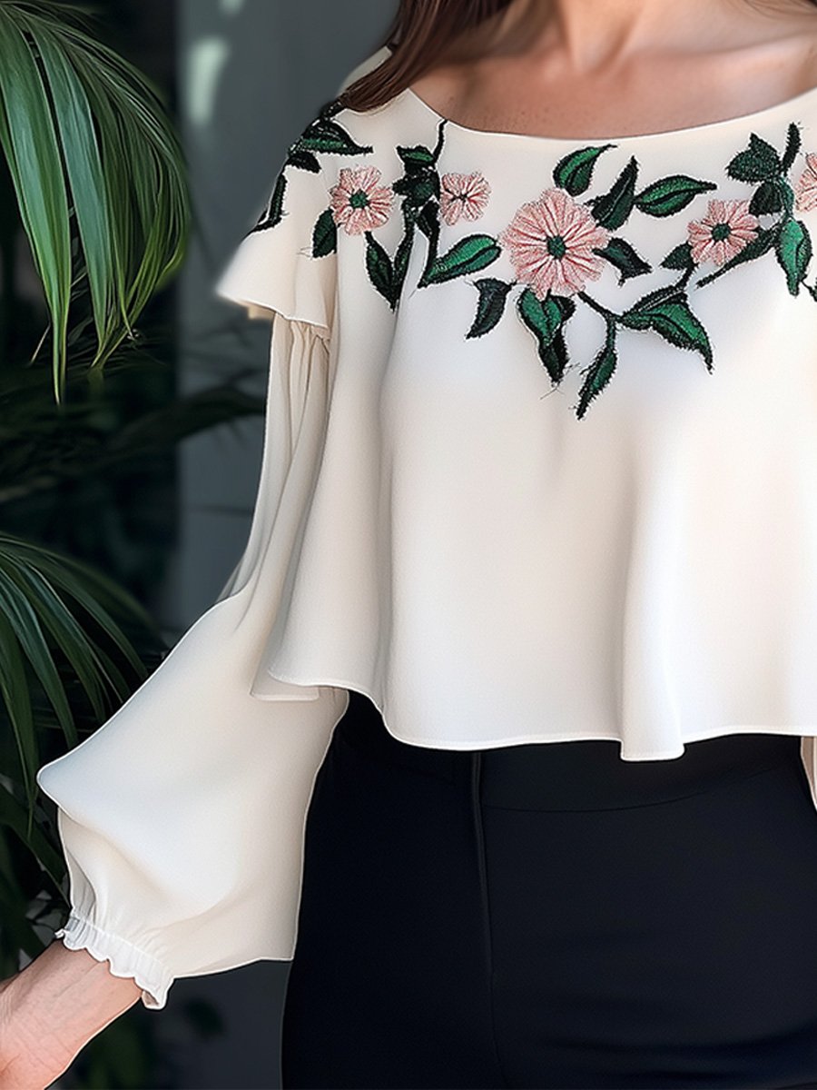 Off-Shoulder Floral Embroidered Blouse with Romantic Charm