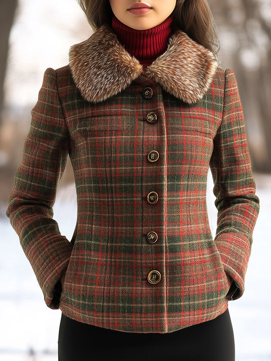 Plaid Pattern Fur Collar Tailored Fitted Woolen Jacket