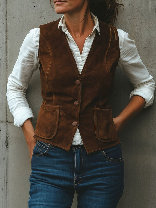 Retro Minimalist Design Side Pockets Suede Vest