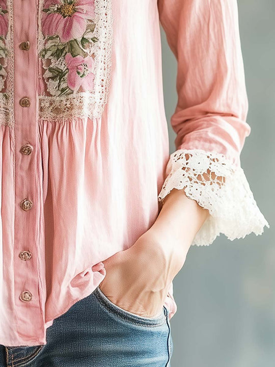 Retro Flower Lace Cotton Linen Blouse