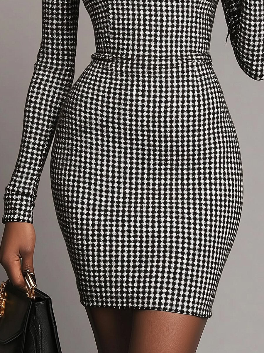 Vintage High Neck Houndstooth Long Sleeve Bodycon Dress