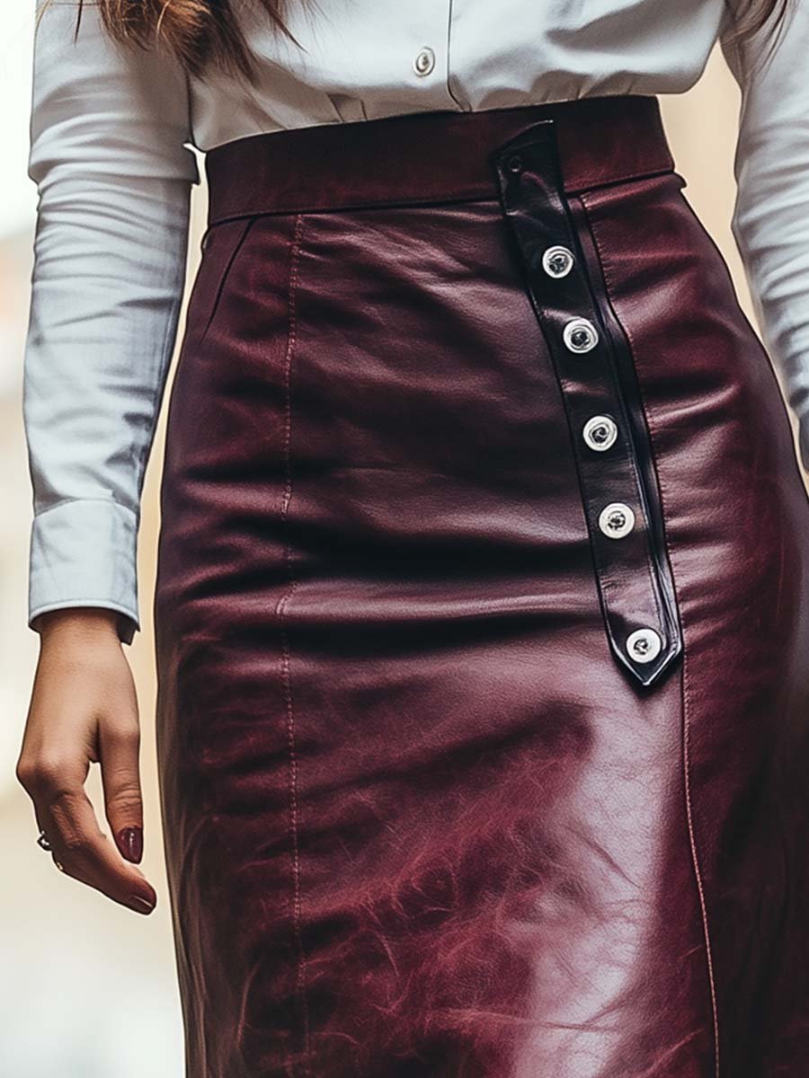 Women's Button Vintage Leather Skirt