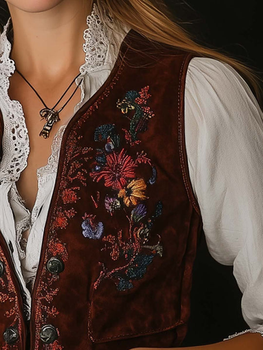 Women's Embroidered Trim Suede Vest