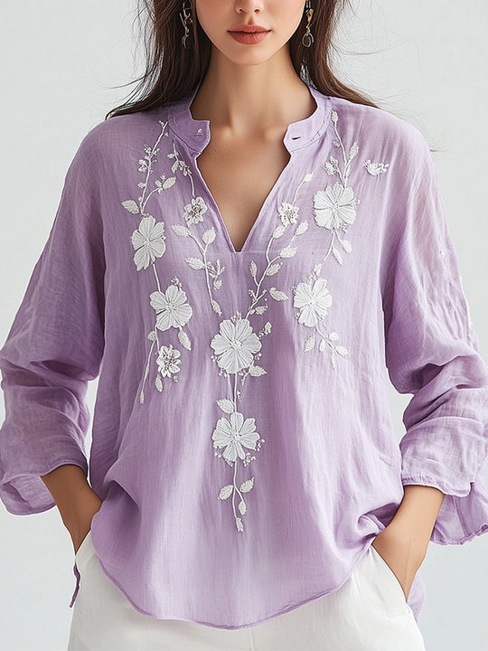 Elegant Lavender Floral Embroidered with Relaxed Fit Blouse