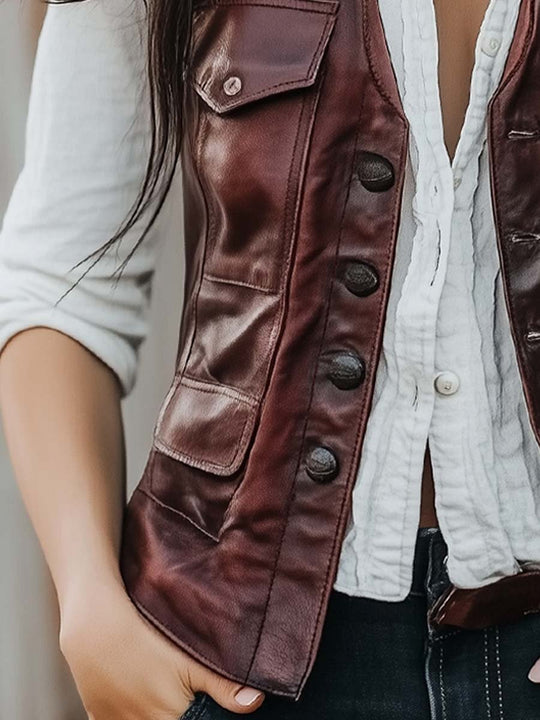 Women's Vintage Burgundy Multi-Pocket Leather Waistcoat