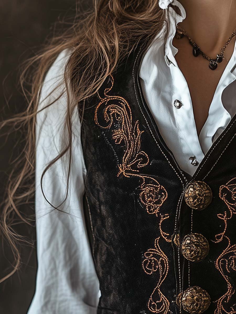 Women's Vintage Gold Paisley Embroidered Suede Vest