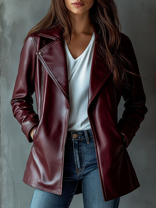 Women Casual Suit Collar Pockets Leather Jacket