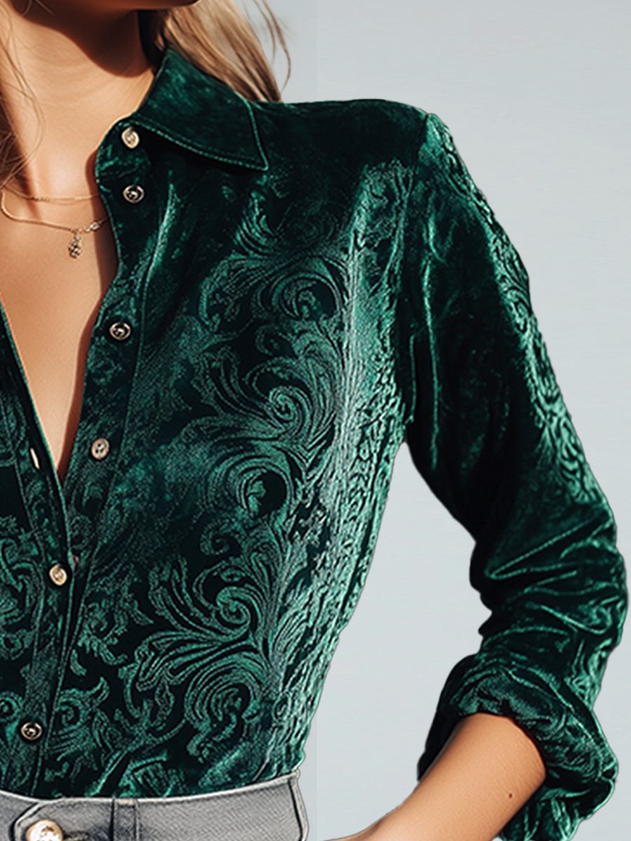 Casual Vintage Velvet Print Long Sleeve Shirt