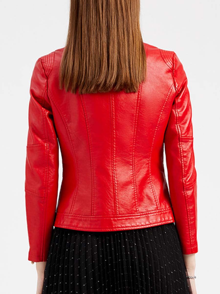 Women's Stand Collar Zipper Cuff Leather Jacket