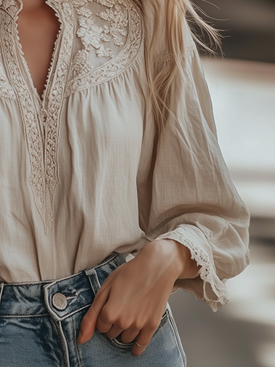 Vintage-Inspired Lace Embroidered Blouse with High Neck