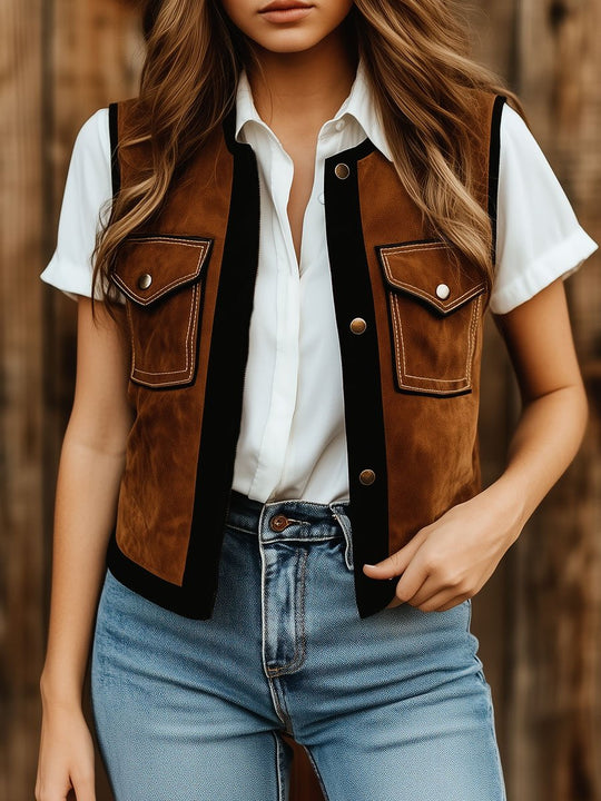 Stylish Color-blocking Button Down Suede Waistcoat