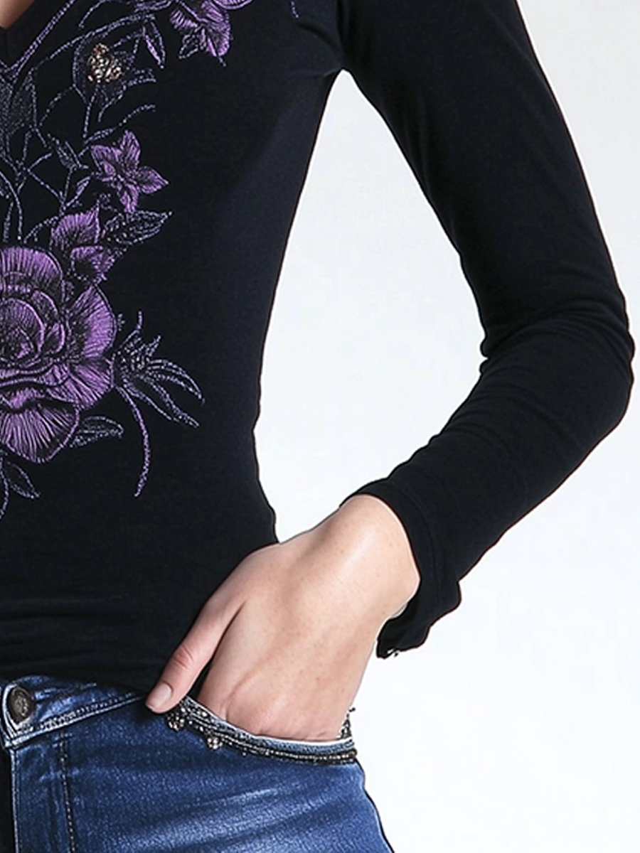 Casual V-neck Floral Embroidered Cotton Slim-fit Top