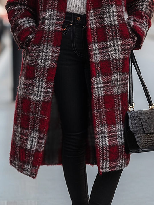 Casual Loose Retro Pocket Woolen Plaid Mid-Length Coat