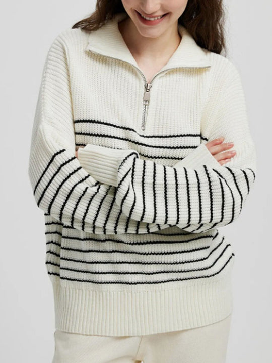 Turtleneck Striped Colorblock Long Sleeve Zipper Pullover Knit Sweater