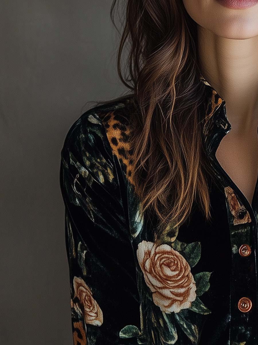 Vintage Floral Print Velvet Blouse