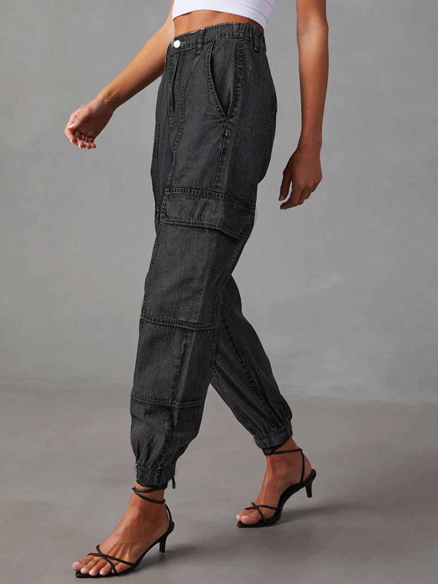 Fashion Casual Elastic Waist Loose Cargo Jeans