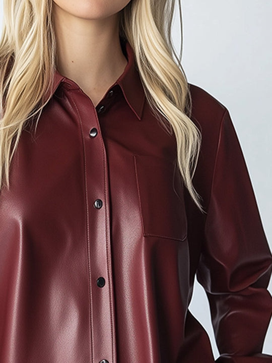 Red Vintage Lapel Button-Down Leather Shirt