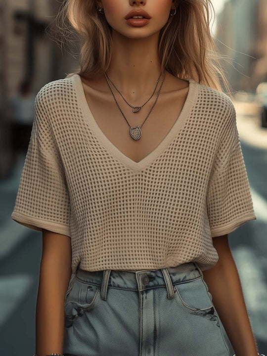 Effortless Charm Beige V-Neck Knit Top