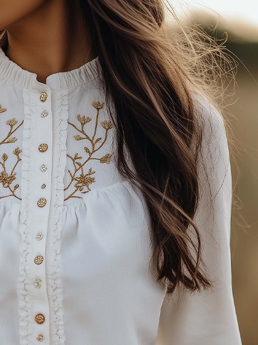 Women's Gold Embroidered Cotton Long-sleeved Blouse