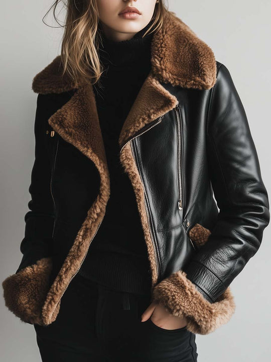 Women's Vintage Fur Collar Contrast Leather Jacket