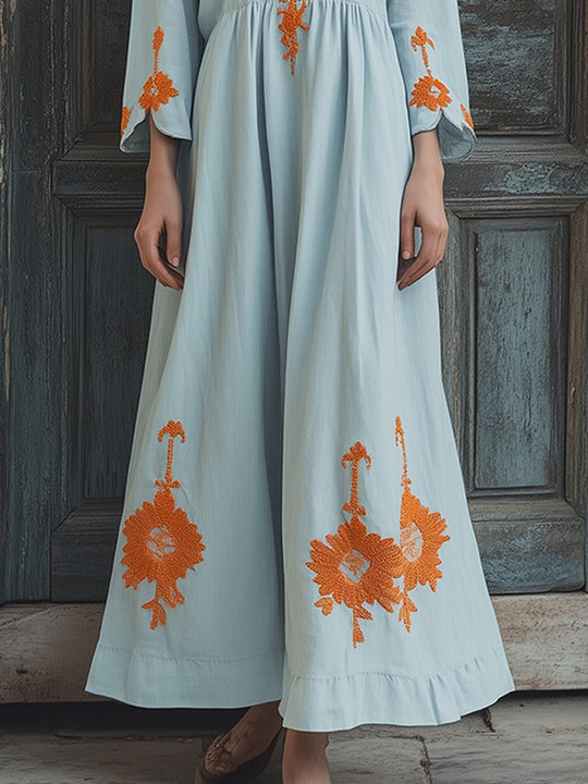 Boho Embroidered Maxi Dress with Flowing Elegance