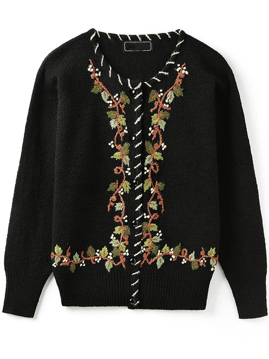 Vintage Black Round Neck Hand-embroidered Wool Cardigan