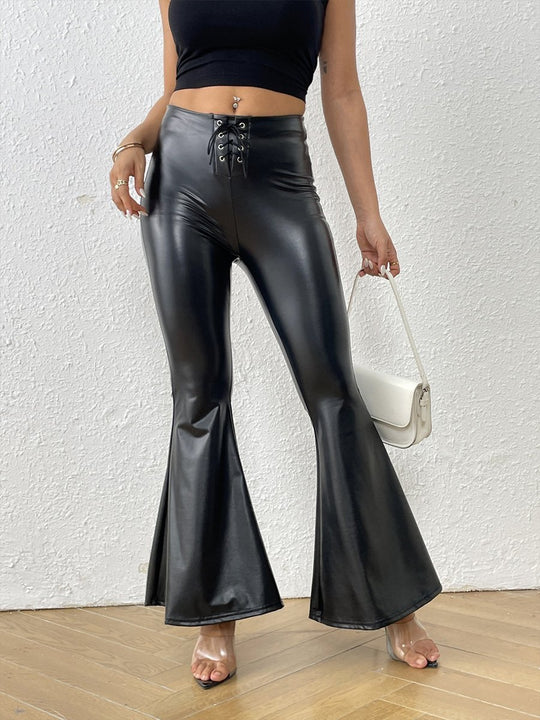 Fashionable Shiny Leather Elastic Waist Slim Flared Leather Trousers