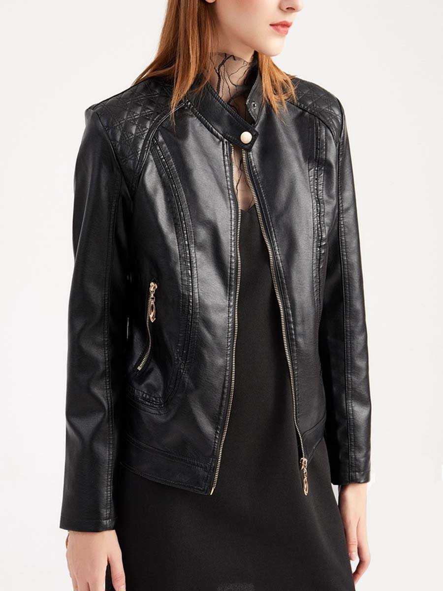 Women's Stand Collar Diamond Leather Biker Jacket