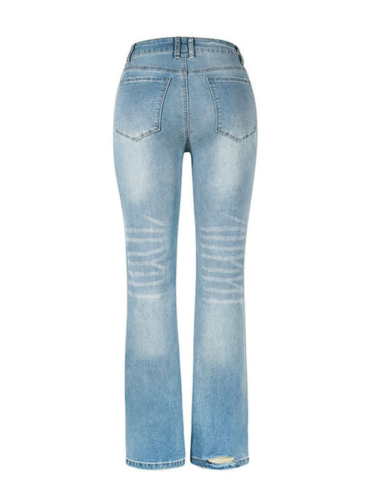 Stretch Washed Ripped Wide-leg Jeans