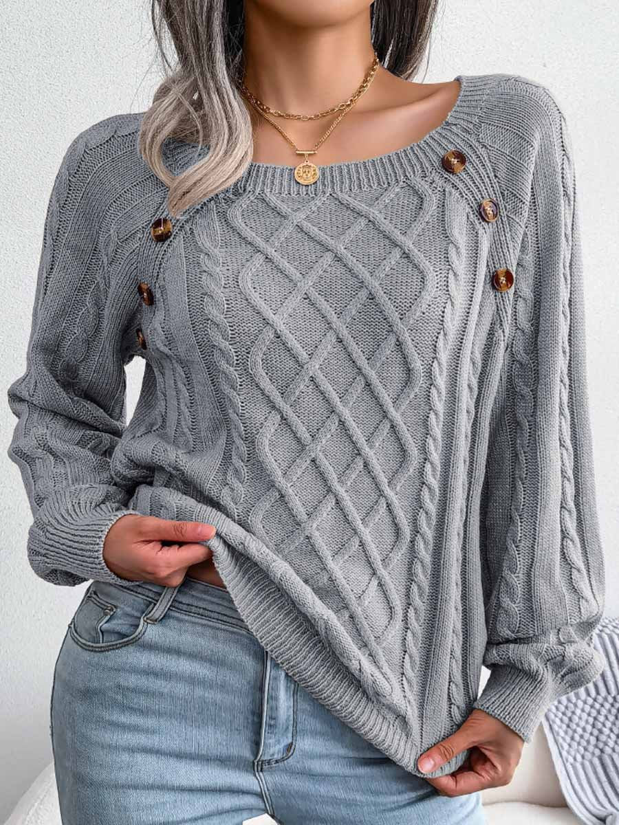 Square Neck Button Cable Knit Pullover