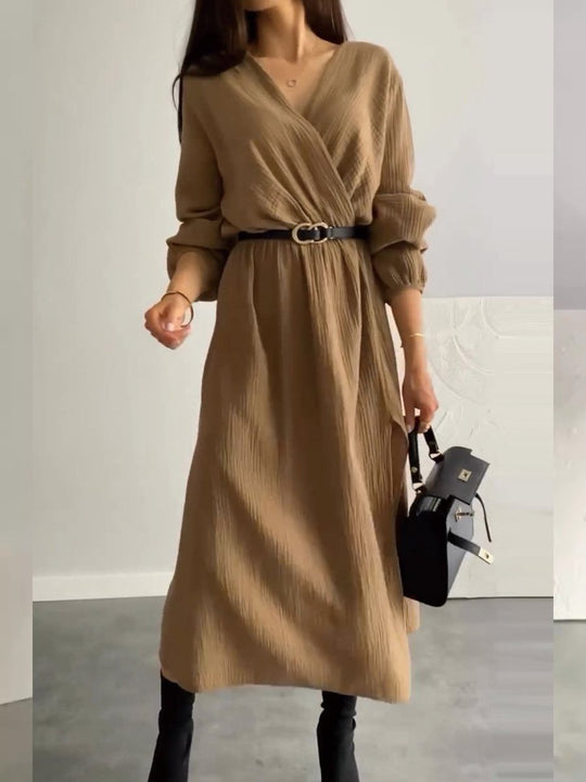 Fashion V-neck Long-sleeved Solid Color Waist Maxi Dress