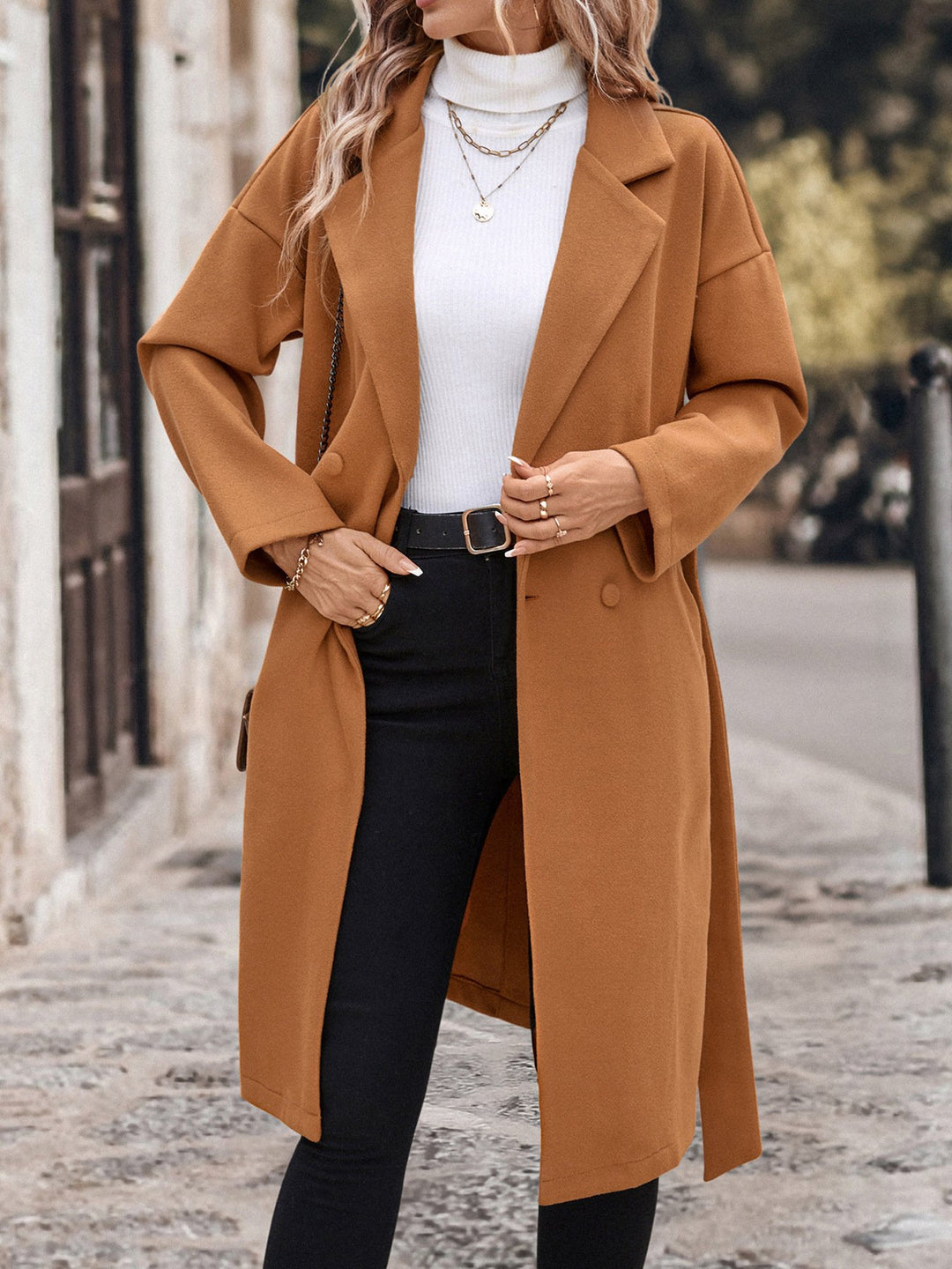 Elegant Belted Waist Mid-length Woolen Coat