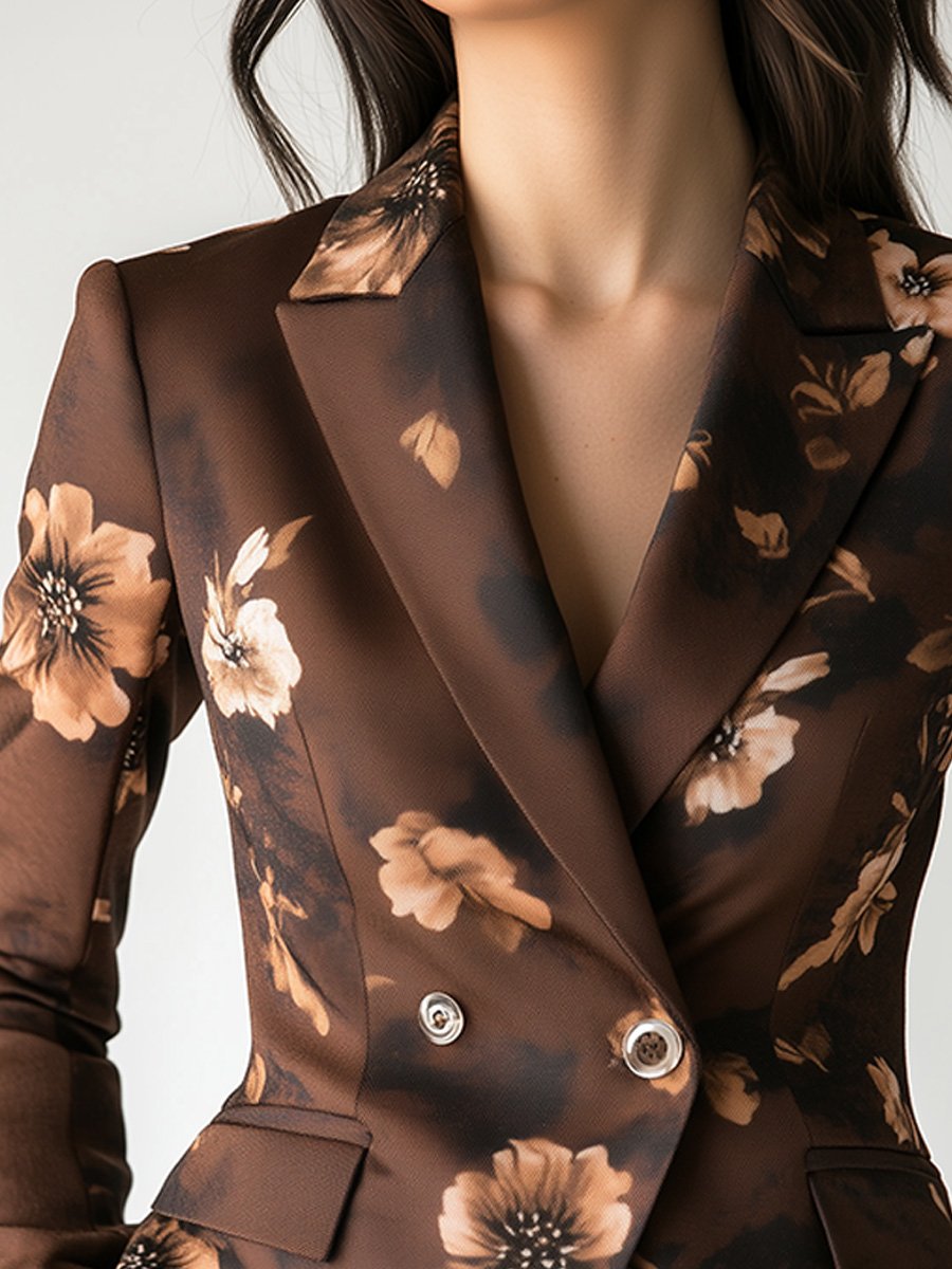 Women's Brown Lapel Satin Printed Blazer