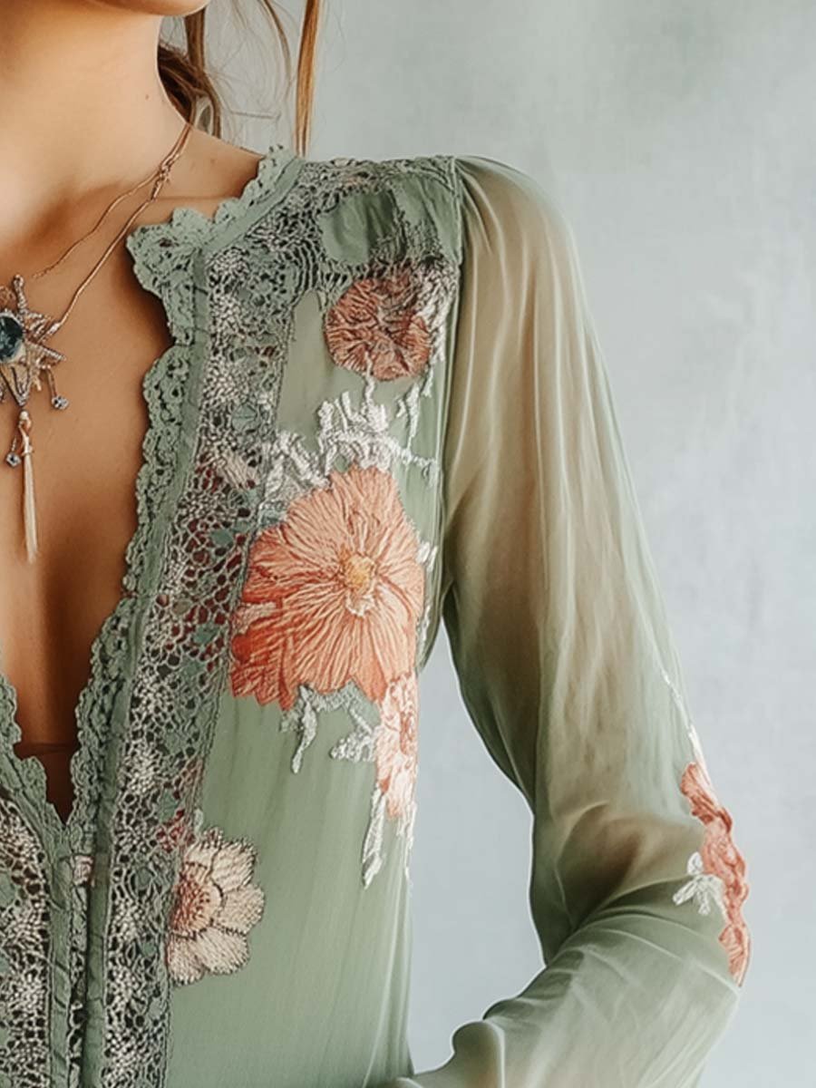 Bohemian Floral Printed Lace Blouse